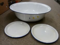 Large enamel ware bowl and two plates