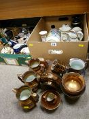 Box of ginger jars, vases and jugs including good sized Poole pottery jug, quantity of copper lustre