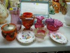 Pair of Dresden floral decorated side plates, a selection of cranberry glassware etc