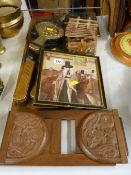 Folding wooden book rack with dragon carved detail, a small Salem print etc