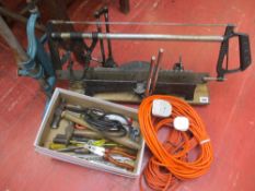 Mitre saw, drill sand, assortment of garage hand tools, extension leads etc E/T