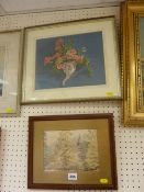 ROBERT oil on board - still life, 24 x 29 cms and English School watercolour - church scene, 15 x 21