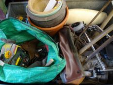 Quantity of garden planters, garden bag and contents of Bosch jigsaw, sander, bit and brace etc,