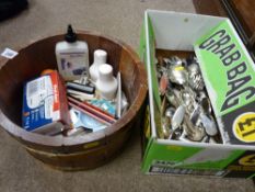 Box of loose cutlery and a barrel planter of miscellaneous items