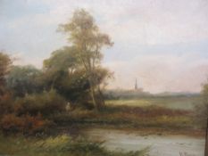 R PERCY oil on canvas - countryside scene with gentleman fishing in a river, 36 x 49 cms