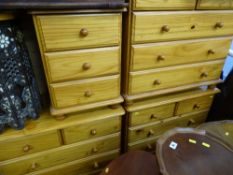 Three similar pine two over three drawer chests and one three drawer bedside chest