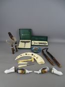 Mixed group of collectables including vintage ceramic pipes, modern Norwegian corkscrew and bottle