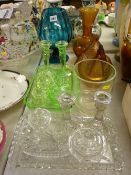 Two glass dressing table sets, an amber glass hen on nest etc