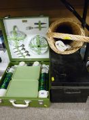 Good Brexton picnic box and contents, a tall wicker basket and a japanned metal deed box