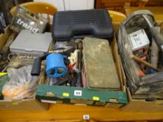 Parcel of three boxes containing various garage items including router bits, Draper manual plane,
