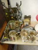 Pair of classical spelter figurines, quantity of vintage brassware, mantel clocks and similar items