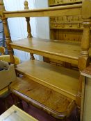 Dark pine small square table and a three shelf whatnot