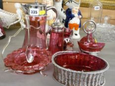 Good selection of cranberry glassware, most with silver and white metal mounts/containers