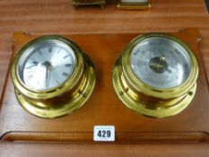 Modern mahogany mounted brass clock and barometer set
