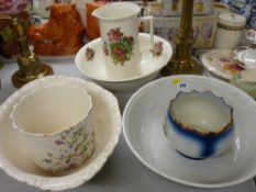 Pottery wash jug and bow, two further bowls and two pottery planters