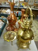 Brass spirit kettle on stand, quantity of copper and brass jugs etc