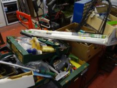 Parcel of five boxes containing various garage hand tools and gardening equipment including