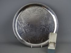 Circular Victorian silver three footed card tray with engraved bird decoration, London 1881, 18.5