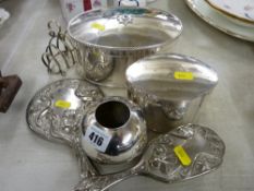 Oval Sheffield plate biscuit box, a similar lidded tea caddy and other plated and white metal ware