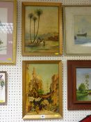 Unsigned oils on board - Eastern townscape and the other with camel and pyramids in the