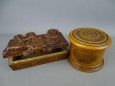 Mauchline ware string box having Menai and Britannia Bridges view and a carved Scottish lidded box