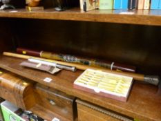 Approx 2ft long didgeridoo, white metal handled cane, telescope etc
