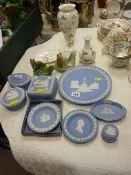 Parcel of Wedgwood Jasperware, pair of Wade dog pipeholders, Wedgwood 'Wild Strawberry' items