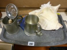 Pewter tray, conch shell and miscellaneous items