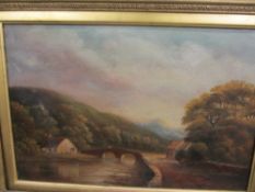 ENGLISH SCHOOL oil on board - river scene with figures on a hump back bridge, 24 x 36 cms