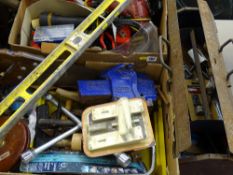 Two boxes of garage items including Record one ton bench vice, spirit level, cantilever toolbox
