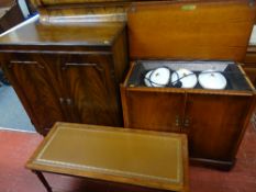 Modern bi-fold entertainment unit, a Burleigh Butler yew cased food warmer and a small leather