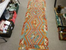 Chobi Kelim carpet runner, colourful vegetable dye wool with repeating central diamond pattern,