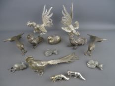 Collection of ornamental white metal table roosters, birds and animals