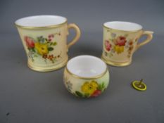 Two Royal Worcester miniature blush decorated cabinet cups with a small unmarked similarly decorated