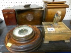 Parcel of treen ware including barometer, tea caddies etc