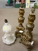 Carved alabaster table lamp and two vintage style gilt decorated composition lamps
