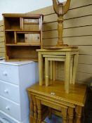 Pine nest of three tables, small wooden nest of two tables, circular occasional table and pine