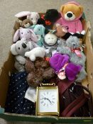 Quantity of Beanie and other soft toys, a Smiths brass cased carriage clock (modern) etc