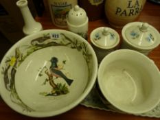 Four items of Portmeirion tableware, a French porcelain tray and two Old Foley jars with covers