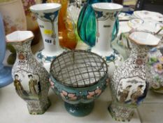 Pair of Elersware Wood & Sons Burslem vases and a similarly decorated rose bowl, tube line decorated
