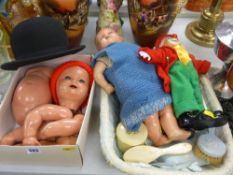 Two vintage dolls with others, an associated basket and contents along with a bowler hat