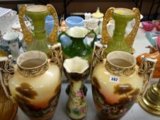 Collection of Victorian pottery twin handled vases etc