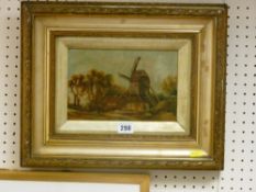 English School oil on canvas - windmill and farm buildings, 14 x 22 cms