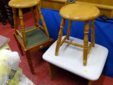 Two light wood stools, one other faux leather topped dressing stool and a pine dressing stool