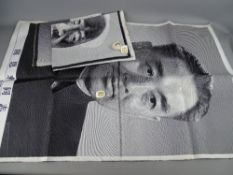 Four woven cloths depicting Chinese Statesmen and four similarly styled pin badges