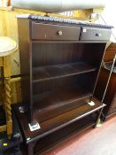 Polished wood and inlaid two tier coffee table and a carved edge two drawer, two shelf console
