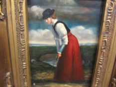 ENGLISH SCHOOL elaborately framed painting of a lady golfer, 16 x 12 cms