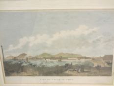 Coloured engraving titled 'View of Macao in China', published 1798, 23.5 x 31 cms