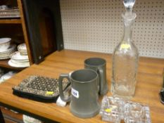 Etched decanter, two pewter tankards and miscellaneous items
