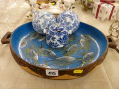 Fish decorated wooden bowl, two modern blue and white porcelain balls and a lidded pot